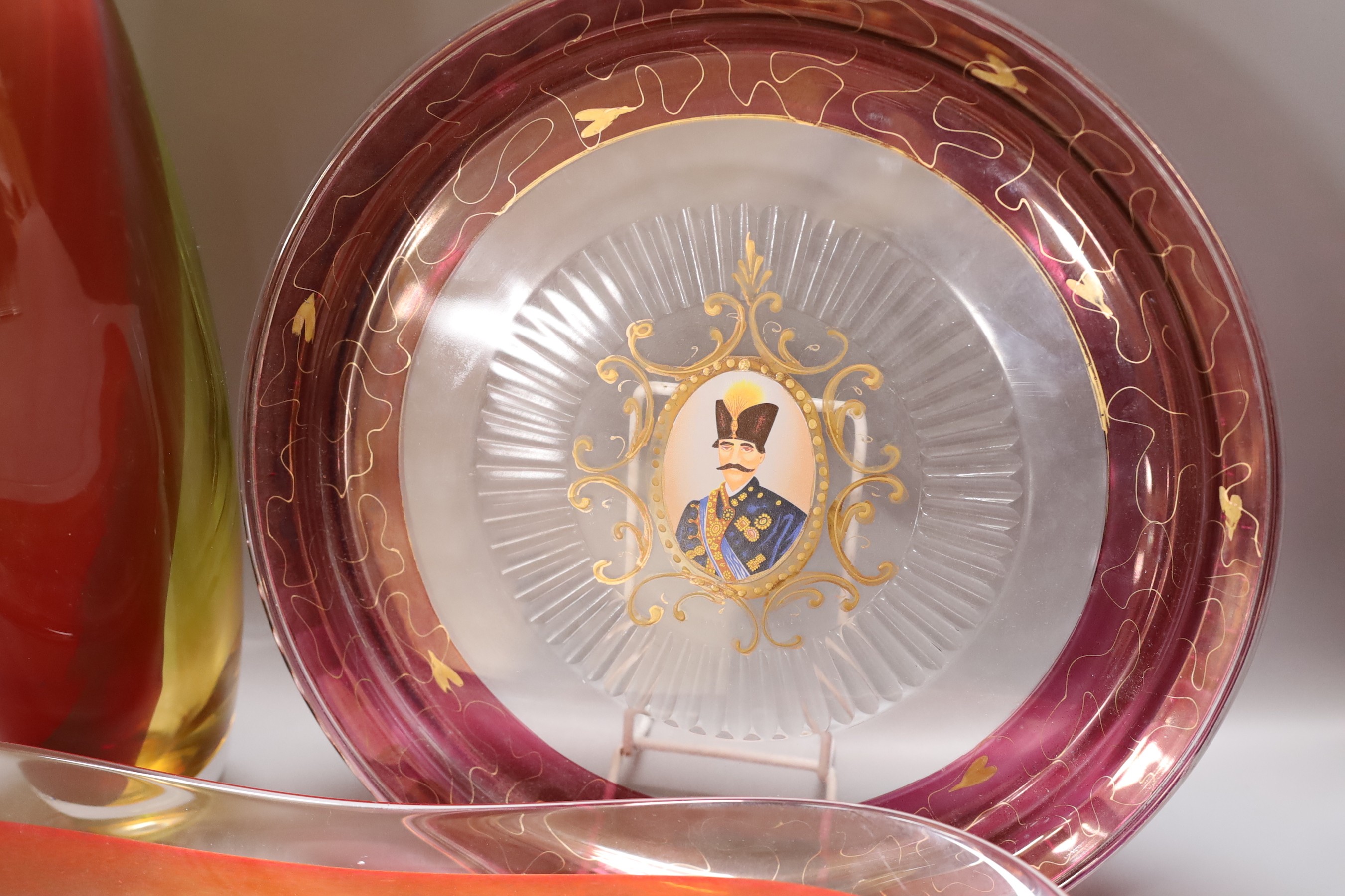 A Kosta Boda glass vase, signed K Engman, a signed art glass dish and a large French glass plate, tallest 54cm